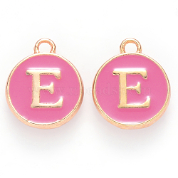 Golden Plated Alloy Enamel Charms, Cadmium Free & Lead Free, Enamelled Sequins, Flat Round with Letter, Camellia, Letter.E, 14x12x2mm, Hole: 1.5mm(ENAM-S118-08E)