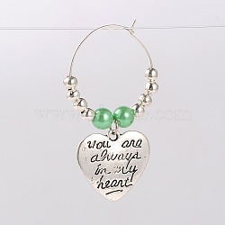 Tibetan Style Heart with Word You Are Always In My Heart Wine Glass Charms, Antique Silver, Light Green, 46mm, Pin: 0.7mm(AJEW-JO00028-03)