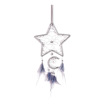 Star Moon Woven Web/Net with Feather Wall Hanging Decorations, with Iron Ring and Maple Leaf Charm, for Home Bedroom Decorations, Steel Blue, 420mm