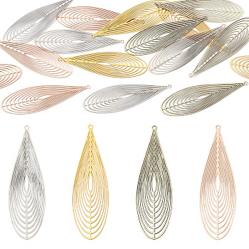 16Pcs 4 Colors Brass Filigree Pendants, Etched Metal Embellishments, Teardrop, Mixed Color, 55x16x0.3mm, Hole: 1.2mm, 4pcs/color