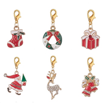 Christmas Theme Alloy Rhinestone & Enamel Pendant Decorations, with Alloy Lobster Claw Clasps, Mixed Shapes, Golden, 30~43mm, 6pcs/set