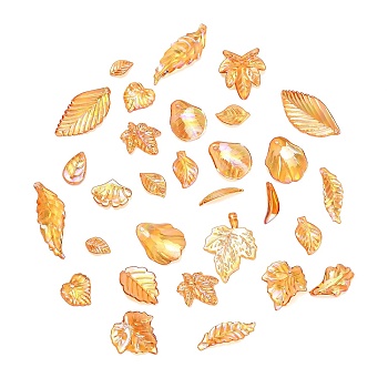 Transparent Acrylic Pendants, AB Color Plated, Leaf Charms, Orange, 10.5~41x5~26x2~5mm, Hole: 1.2~2mm, about 1068pcs/500g