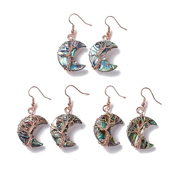 Natural Paua Shell Crescent Moon Dangle Earrings, Brass Wire Wrap Jewelry for Women, Cadmium Free & Lead Free, Rose Gold, 48~50mm, Pin: 0.5mm