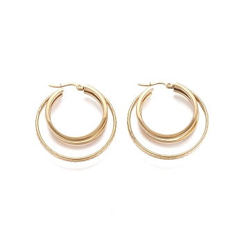 304 Stainless Steel Triple Hoop Earrings, Hypoallergenic Earrings, Multi-Layer Earrings, Textured, Ring, Golden, 40x38x7mm, Pin: 1x0.6mm
