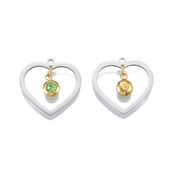 201 Stainless Steel Pendants, with Rhinestone, Heart with Flat Round, Real Gold Plated & Stainless Steel Color, Peridot, 23x24x1mm, Hole: 1.6mm