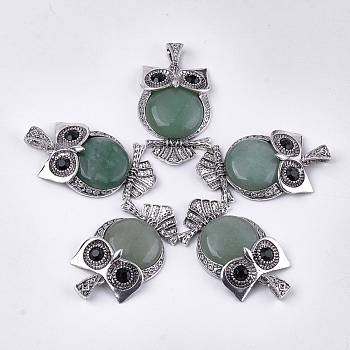 Natural Green Aventurine Big Pendants, with Rhinestone and Alloy Findings, Dyed, Owl, Antique Silver, 50x32x9.5~10mm, Hole: 4.5x9mm