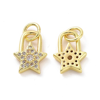 Brass Micro Pave Clear Cubic Zirconia Charms, with Jump Ring, Star Lock, Real 18K Gold Plated, 11.5x8.5x2mm, Hole: 3.2mm