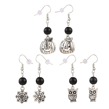 Halloween Theme Alloy Dangle Earrings, with Imitation Gemstone Acrylic Round Beads and Brass Earring Hooks, Pumpkin & Spider & Owl, Antique Silver, Black, 45~48mm, Pin: 0.6mm, 3pair/set