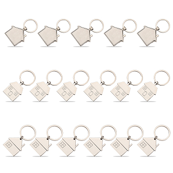 17Pcs 3 Style Zinc Alloy Keychain, with Iron Key Ring, House, Platinum, 66~73mm, 5~6pcs/style