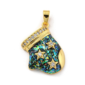 Christmas Brass Micro Pave Cubic Zirconia Pendant, with Synthetic Opal, Christmas Stocking, Prussian Blue, 20x17.5x6mm, Hole: 5x3mm