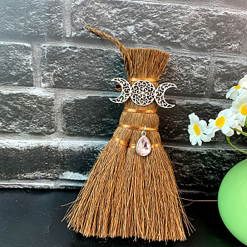 Wood Wicca Broom Car Hanging Decoration, with Alloy Decoration and Teardrop Glass Charm, Moon, 140x90mm