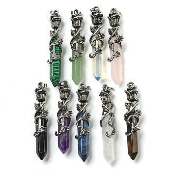 Natural & Synthetic Mixed Gemstone Faceted Double Termimal Pointed Big Pendants, Hexagonal Prism Charms with Alloy Rose Wrapped, Antique Silver, 59.5x14x10.5mm, Hole: 6.5x4.5mm