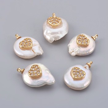 Natural Cultured Freshwater Pearl Pendants, with Cubic Zirconia and Brass Findings, Long-Lasting Plated, Real 18K Gold Plated, Heart, Clear, 14~21x9~16x5~9mm, Hole: 1.5mm