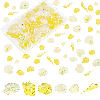 PandaHall Elite 48Pcs 3 Style Transparent Epoxy Resin Cabochons, Imitation Jelly Style, with Sequins/Paillette, Mixed Shapes, Champagne Yellow, 16pcs/style