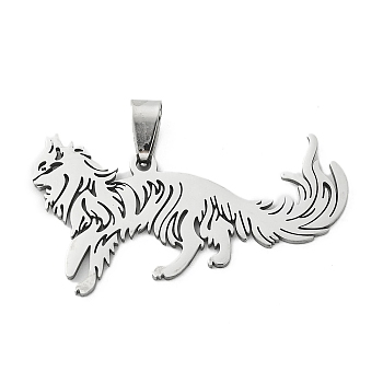 201 Stainless Steel Pendants, Laser Cut, Wolf Charm, Stainless Steel Color, 24.5x45.5x1.5mm, Hole: 8x4mm
