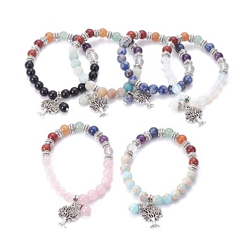 Chakra Jewelry, Natural/Synthetic Mixed Stone Bracelets, with Metal Tree Pendants, 50mm