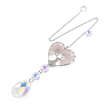 Natural Rose Quartz Big Pendants, with Platinum Brass Chain Extender and Findings, Plating Glass Teardrop & Flower, Clear AB Color, Heart with Tree of Life, 130mm, Hole: 4mm