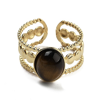 Oval Natural Tiger Eye Finger Rings, Ion Plating(IP) 304 Stainless Steel Cuff Rings for Women, oval: 11.5x9.5mm, Adjustable, 6pcs/set