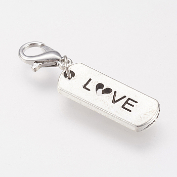 Tibetan Style Alloy Rectangle Pendants, with Word Love, Antique Silver, 8x21x2mm, Hole: 2mm