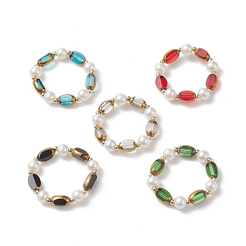 Glass Edge Plated Oval & Imitation Pearl Beaded Stretch Rings, 304 Stainless Steel Bead Jewelry for Women, Mixed Color, Inner Diameter: US Size 14(23mm)