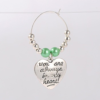 Tibetan Style Heart with Word You Are Always In My Heart Wine Glass Charms, Antique Silver, Light Green, 46mm, Pin: 0.7mm