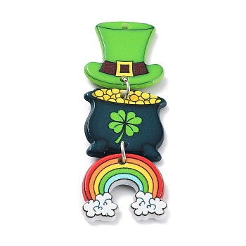 Saint Patrick's Day Theme Acrylic Big Pendants, with Iron Finding, Hat Clover with Rainbow, Colorful, 60x21x2.5mm, Hole: 1.8mm