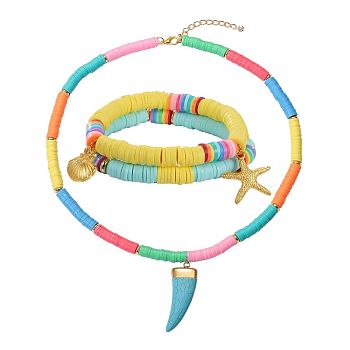 Stretch Bracelets and Pendant Necklace Jewelry Sets, with Handmade Polymer Clay Heishi Beads, Brass Spacer Beads, Alloy Findings and Synthetic Turquoise Pendants, Mixed Color, Inner Diameter: 2-1/8 inch(5.5cm), 3pcs/set