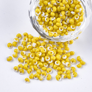 Glass Seed Beads, Fringe Teardrop Beads, Opaque Colours, Two Tone, Yellow, 3.5~4x2.5~6mm, Hole: 1mm, about 4500pcs/bag
