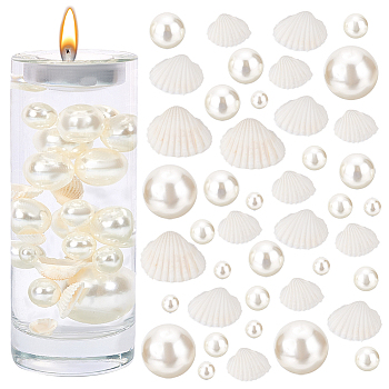Ocean Theme Vase Fillers for Centerpiece Floating Candles, including Natural Shell, Plastic Imitation Pearl Undrilled/No Hole Beads, White, Beads: 10~30mm, 120pcs, Shell: 17~22x21~28x7~10mm, 16pcs