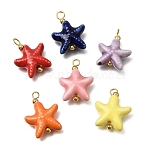 Handmade Porcelain Pendants, Starfish Charms, with Brass Findings, Bright Glazed Porcelain, Real 18K Gold Plated, Mixed Color, 21x15.5x5.5mm, Hole: 2.5mm(PR-CBA0027-09G)