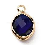 Faceted Glass Pendants, September Birthstone Charms, with Brass Cabochon Settings, Oval, Golden, Dark Blue, 13x8x4mm, Hole: 1.6mm(X-KK-WH0046-59G-09)