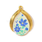 Printed 304 Stainless Steel Pendants, Teardrop with Flower Pattern Charms, Mirror Polished Finish, Ion Plating(IP), Real 18K Gold Plated, Dodger Blue, 32x24mm(STAS-OY003-47G)