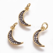 Brass Micro Pave Cubic Zirconia Charms, with Enamel, Moon, Clear, Golden, 15x8x2mm, Hole: 3mm(X-ZIRC-E145-81G)
