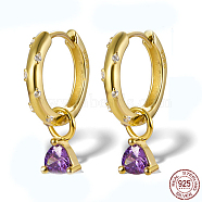 Real 18K Gold Plated 925 Sterling Silver Rhinestone Dangle Hoop Earrings, Triangle, with S925 Stamp, Amethyst, 20x4mm(XU8813-2)