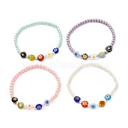 Millefiori Flat Round Beads Stretch Bracelet for Teen Girl Women, Round Pearlized Glass Beads Bracelet, Mixed Color, Inner Diameter: 2-1/4 inch(5.7cm)(BJEW-JB06934)