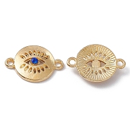 Alloy Connector Charms, with Rhinestones, Flat Round Links with Eye, Golden, Capri Blue, 13x19x3mm, Hole: 1.4mm(FIND-A024-11G-02)