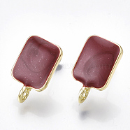 Alloy Enamel Stud Earring Findings, with Loop and Steel Pin, Rectangle, Light Gold, Dark Red, 18x10.5mm, Hole: 2mm, Pin: 0.7mm(ENAM-T008-03B)
