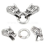 2 Sets Tibetan Style 304 Stainless Steel Spring Gate Rings, O Rings, with Two Cord End Caps, Dragon Head, Antique Silver, Cord End: 50x10x13mm, Hole: 6mm, Ring: 9mm inner diameter(STAS-UN0040-66)