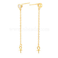 925 Sterling Silver Stud Earring Findings with Cubic Zirconia, for Half Drilled Beads, with S925 Stamp, Chain with Tray, Real 18K Gold Plated, 40x4x2mm, Pin: 0.7×12mm(STER-T007-24G)