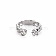 Brass Micro Pave Cubic Zirconia Cuff Rings, Open Rings for Women, Cadmium Free & Nickel Free & Lead Free, Heart, Real Platinum Plated, Clear, US Size 8(18.1mm)(RJEW-S045-155P)