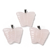 Natural Rose Quartz Carved Pendants, Butterfly Charms with Platinum Plated Brass Snap on Bails, 30x35.5x7mm, Hole: 7x4.5mm(G-B067-01A)