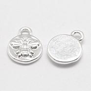 Brass Charms, Cadmium Free & Nickel Free & Lead Free, Flat Round with Bee, Real Platinum Plated, 10x8x1.5mm, Hole: 1mm(KK-G302-10P-NR)