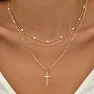 Alloy 3 Layer Necklaces for Women, Golden, Cross, 15.35~17.72 inch(39~45cm)(WG9523E-02)