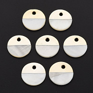 Natural Freshwater Shell Charms, with UV Plated, Falt Round, Light Gold, 15x1.5mm, Hole: 2mm(SHEL-T018-32A)