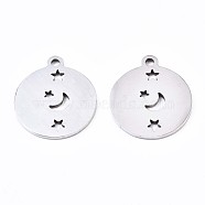 201 Stainless Steel Pendants, Laser Cut Pendants, Flat Round with Moon & Star, Stainless Steel Color, 15.5x13.5x1mm, Hole: 1.4mm(STAS-S110-096P)