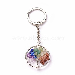 Chakra Jewelry, Natural & Synthetic Mixed Stone Keychain, with Brass Findings and Iron Ring, Flat Round with Tree, Platinum, 84mm, Pendant: 34x30x6mm(KEYC-I019-02)