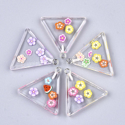 Resin Pendants, with Polymer Clay Inside and Iron Findings, Triangle with Flower, Platinum, Colorful, 26.5x28x4.5mm, Hole: 2mm(X-CRES-S359-07C)
