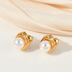 304 Stainless Steel Stud Earrings, with Natural Shell Beads, Ion Plating(IP), Real 14K Gold Plated, Round, 12.5x11mm(EJEW-G423-31C-G)