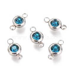 304 Stainless Steel Rhinestone Links Connectors, Flat Round, Stainless Steel Color, Blue Zircon, 12x6.5x4mm, Hole: 2mm(STAS-P237-17P-13)