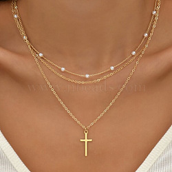 Alloy 3 Layer Necklaces for Women, Golden, Cross, 15.35~17.72 inch(39~45cm)(WG9523E-02)